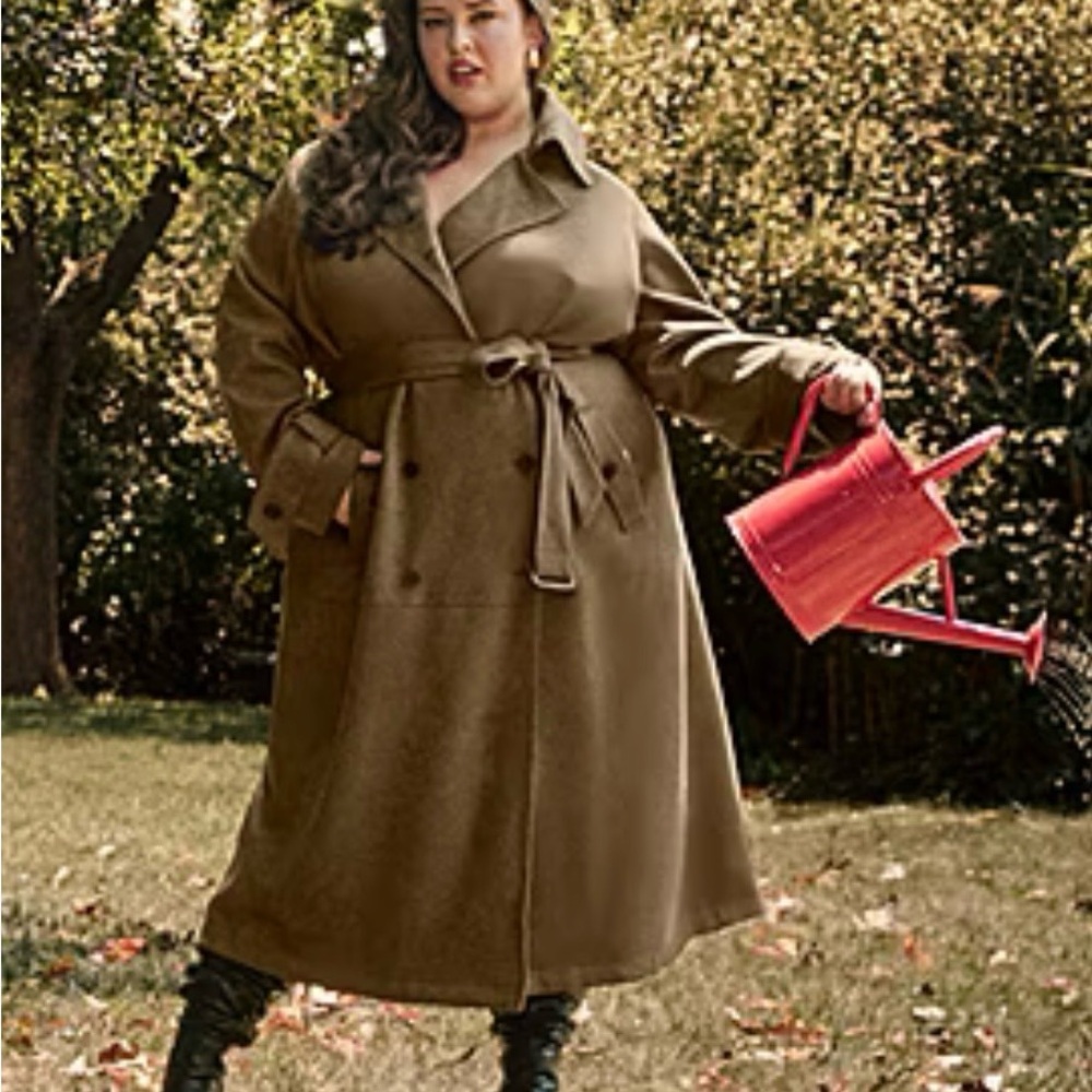 Ashley Graham Faux Suede Long Trench Coat in Olive Brown